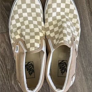 Vans Kids Slip-On Checkerboard Sneakers in Tan and White